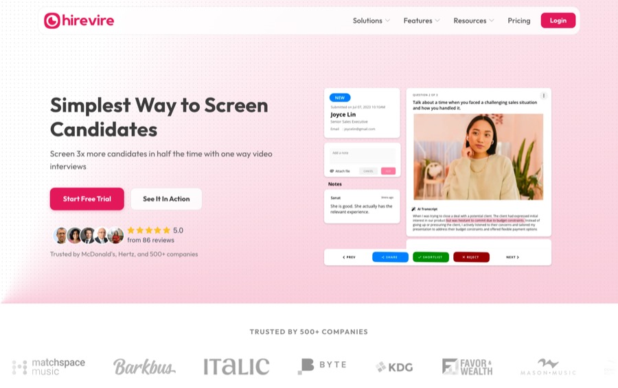 Hirevire candidate screening software homepage