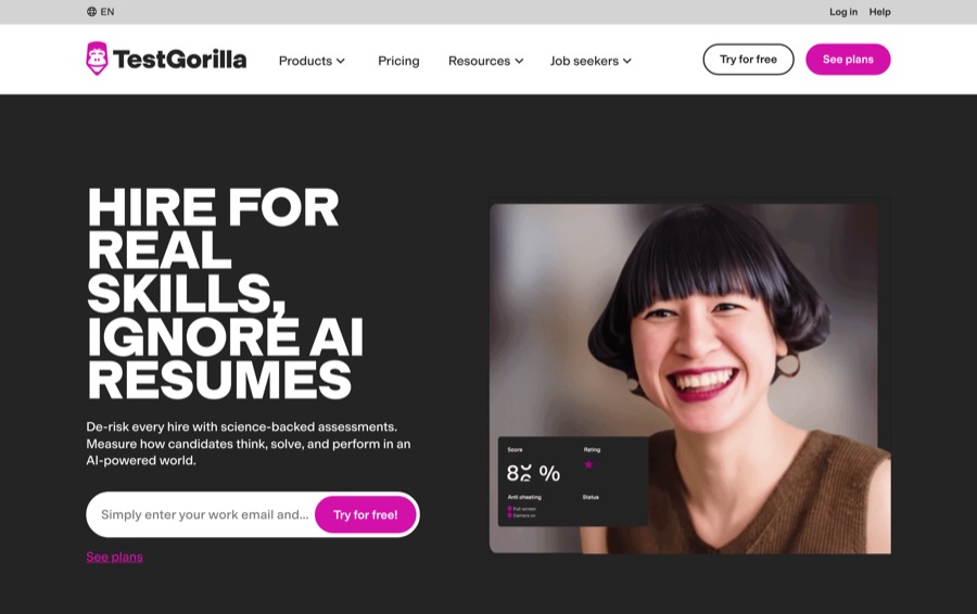 TestGorilla skills assessment platform homepage