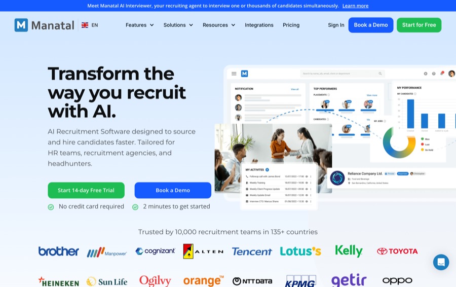 Manatal ATS with AI candidate screening homepage