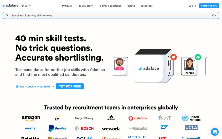 Adaface technical assessment platform homepage