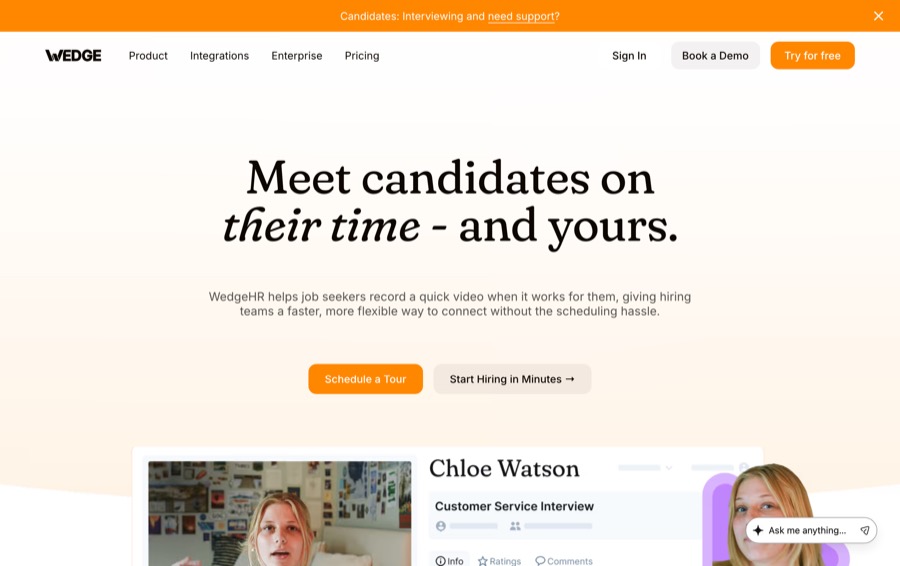 Wedge video interview screening tool homepage
