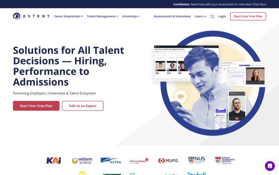 Astrnt automated video recruiting assistant homepage