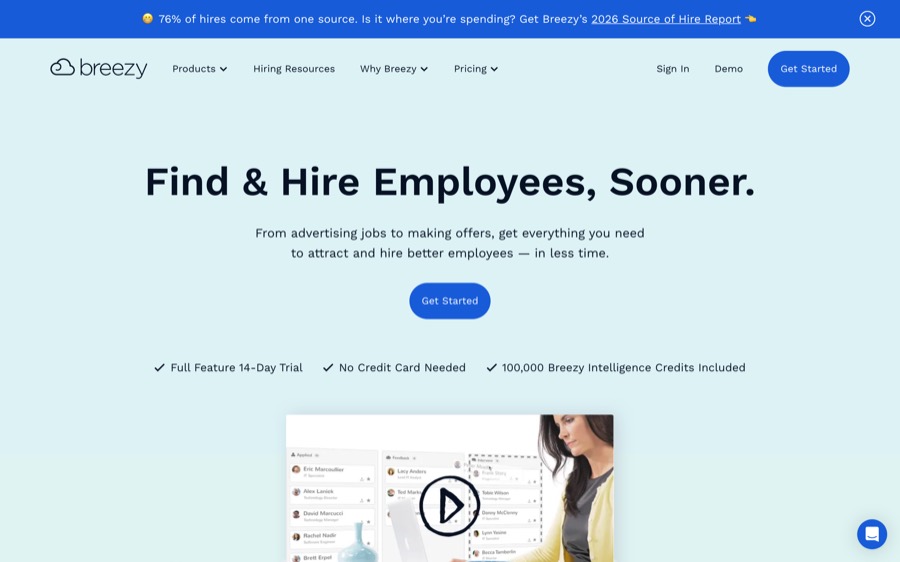 BreezyHR recruitment and ATS platform homepage