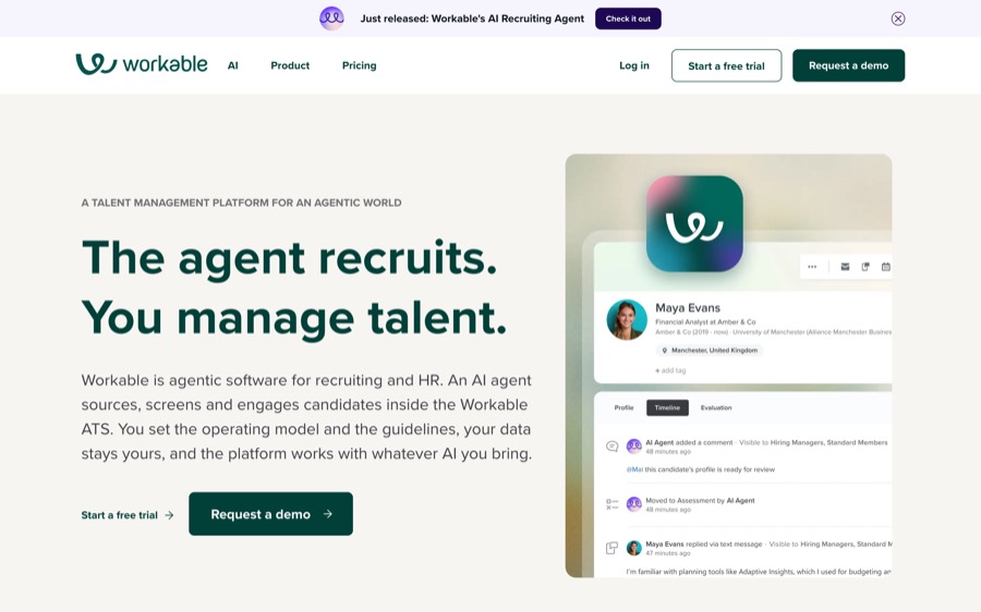 Workable recruiting software homepage