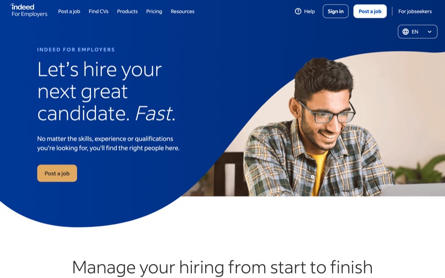 Indeed for Employers hiring platform homepage