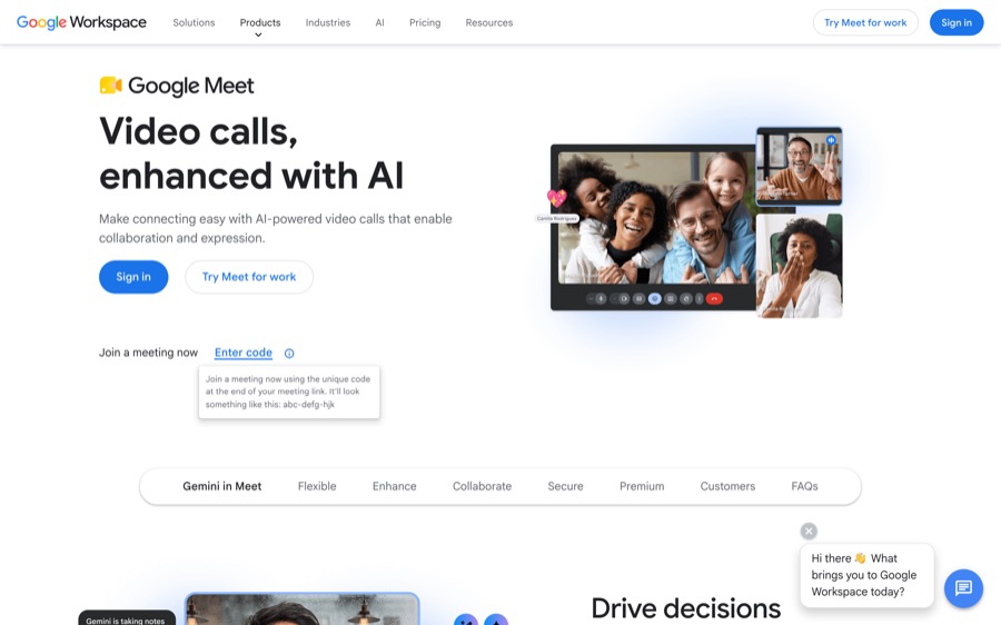 Google Meet video conferencing homepage