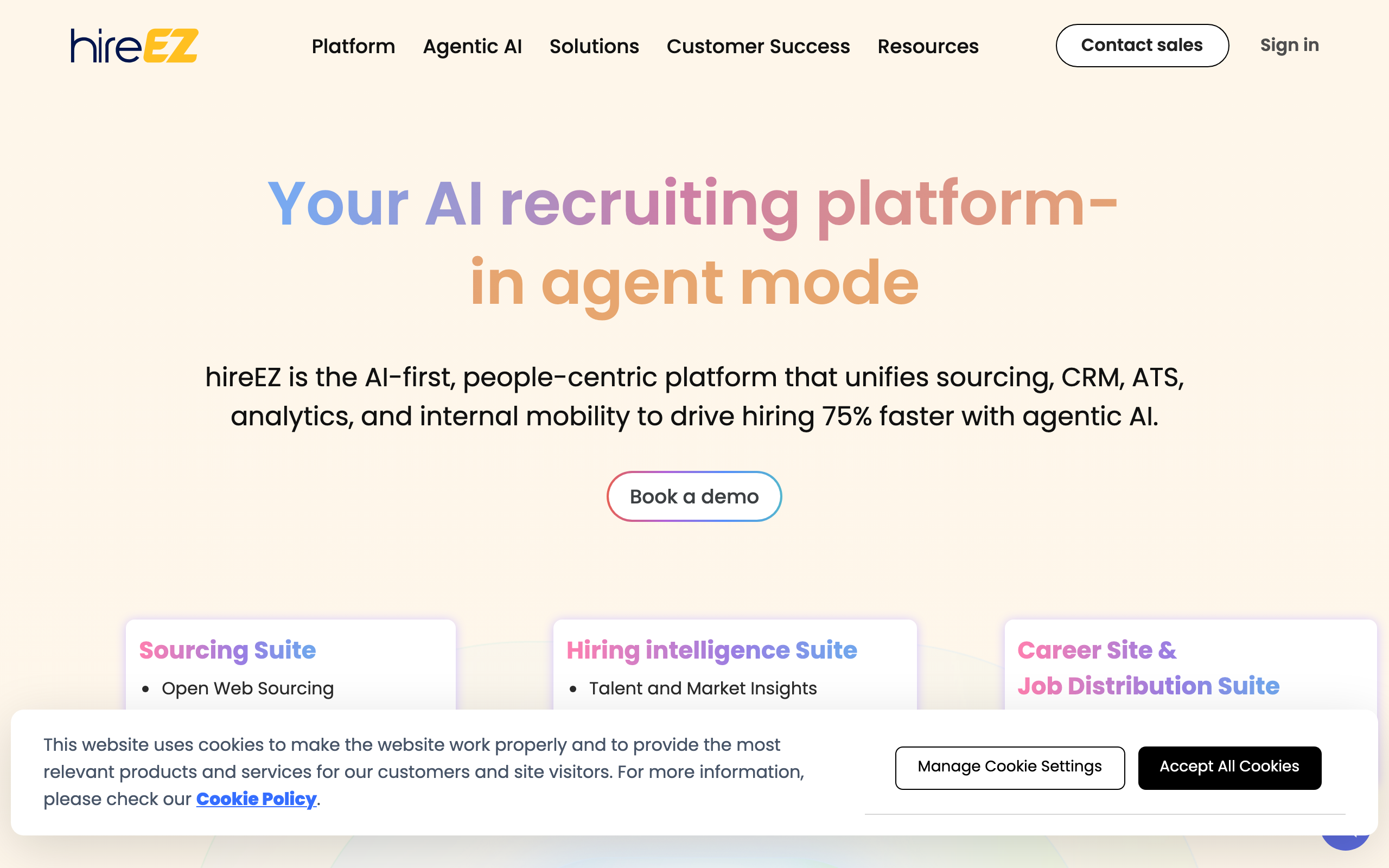 HireEZ AI recruiting platform homepage highlighting sourcing and outreach