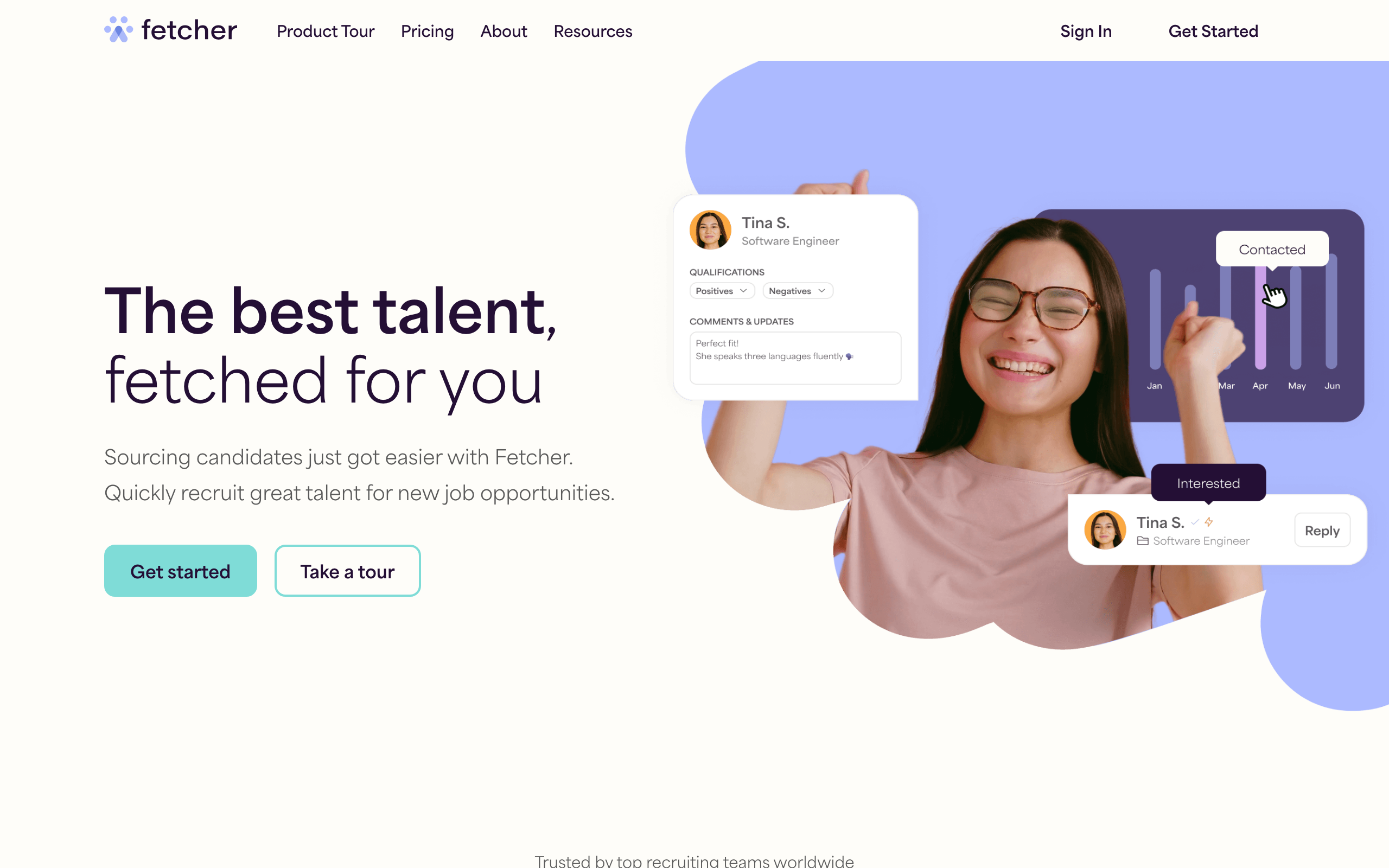 Fetcher AI sourcing homepage with the tagline the best talent, fetched for you