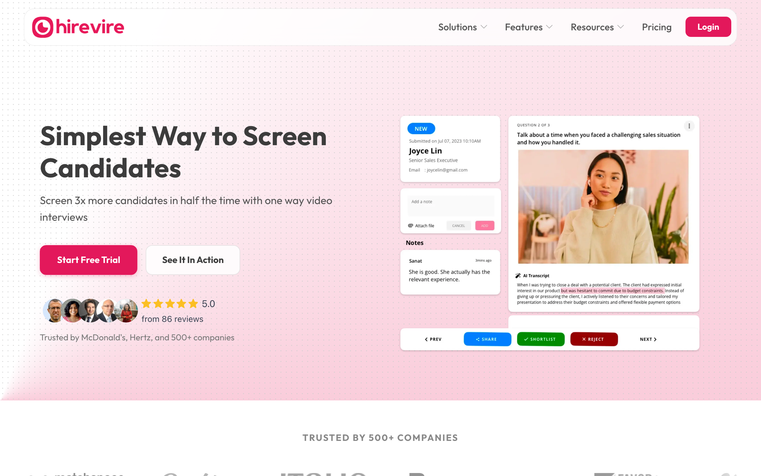 Hirevire async video screening homepage showing candidate response formats