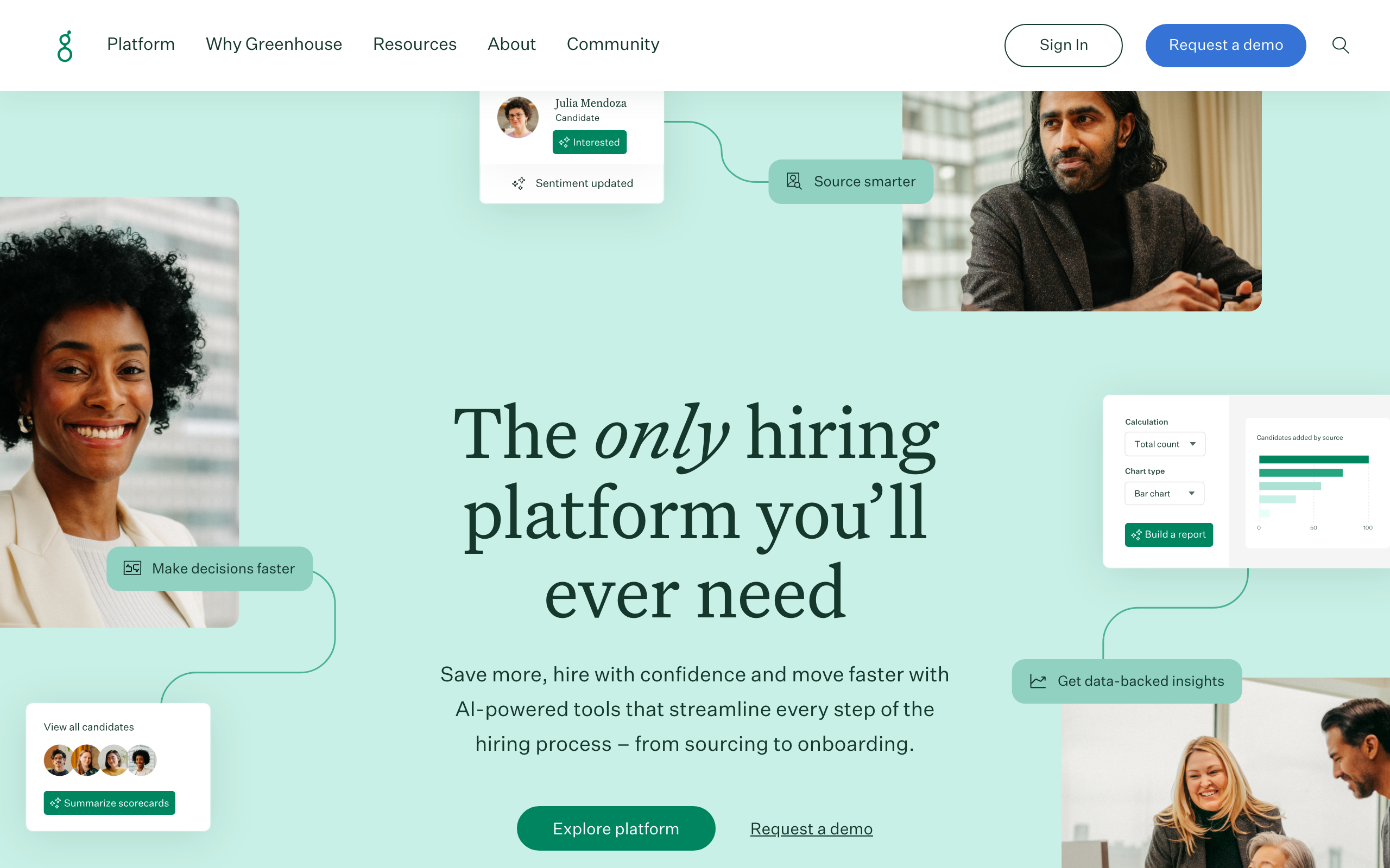 Greenhouse homepage with the headline the only hiring platform you'll ever need
