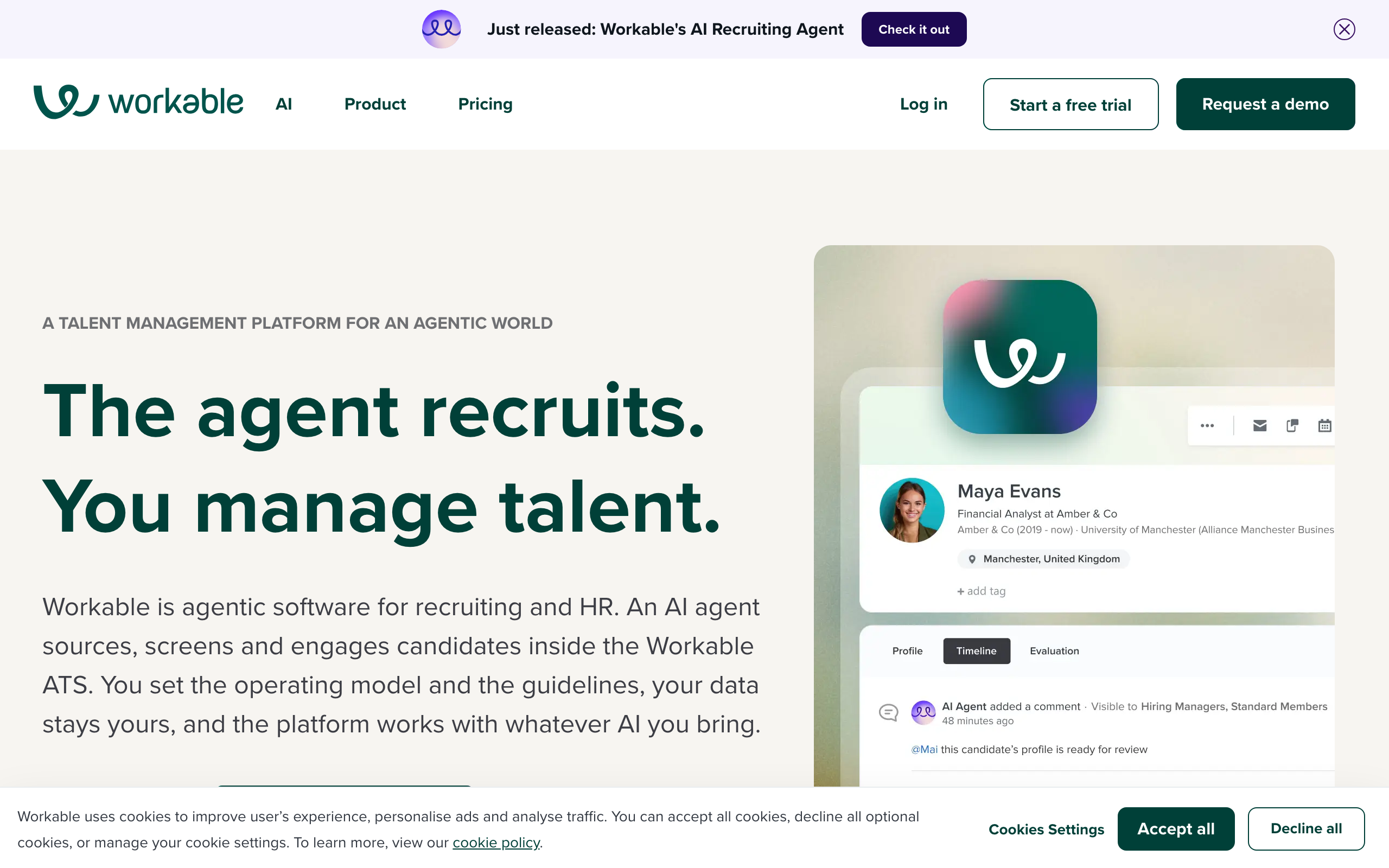 Workable homepage with the headline the agent recruits, you manage talent