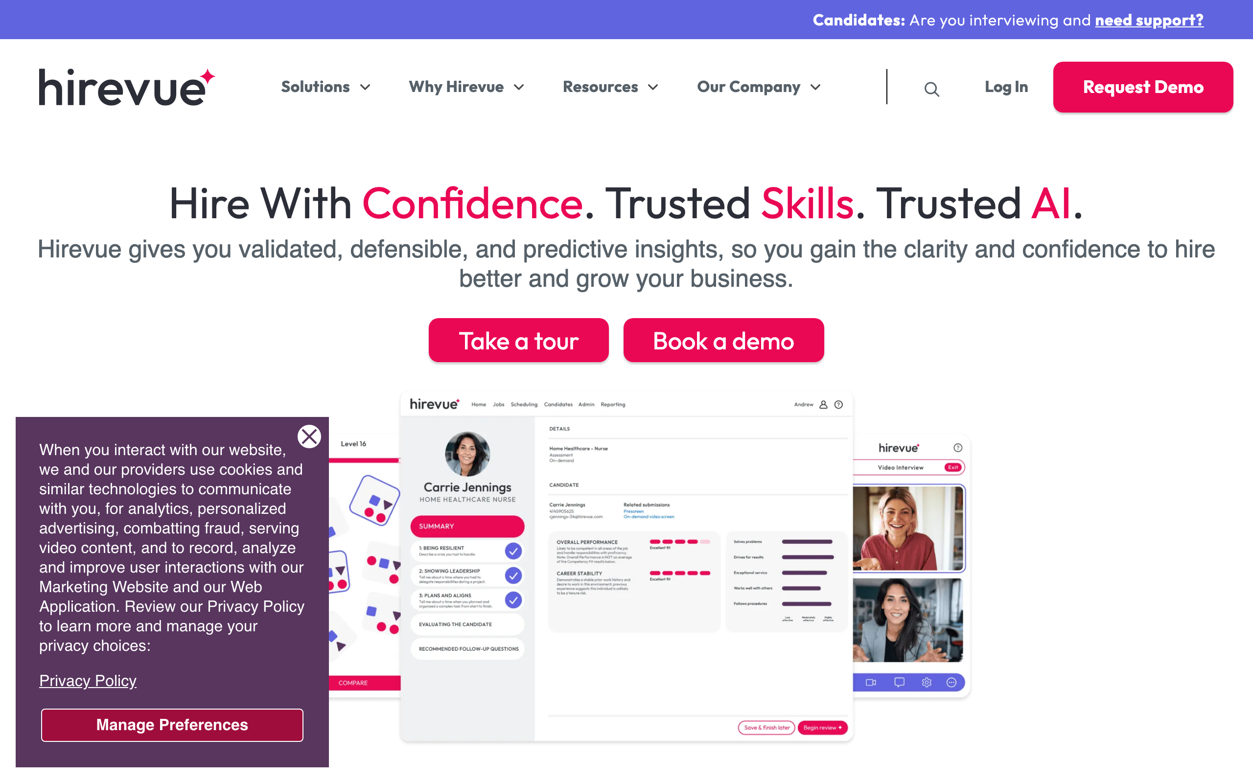 HireVue homepage with the headline Hire with confidence, trusted skills, trusted AI