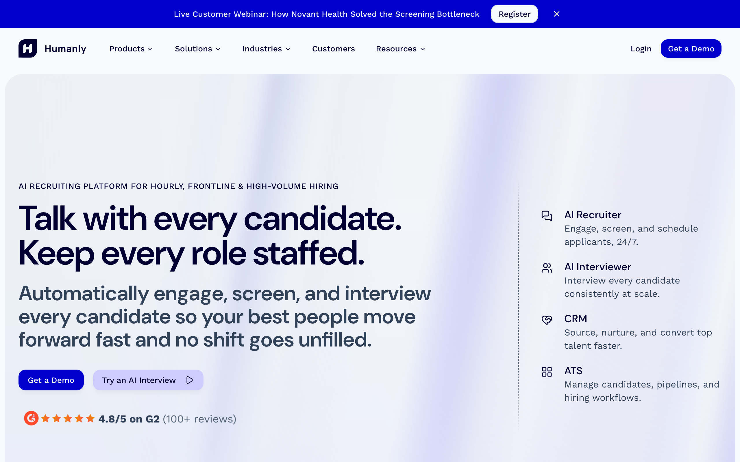 Humanly homepage with the headline Talk with every candidate, keep every role staffed
