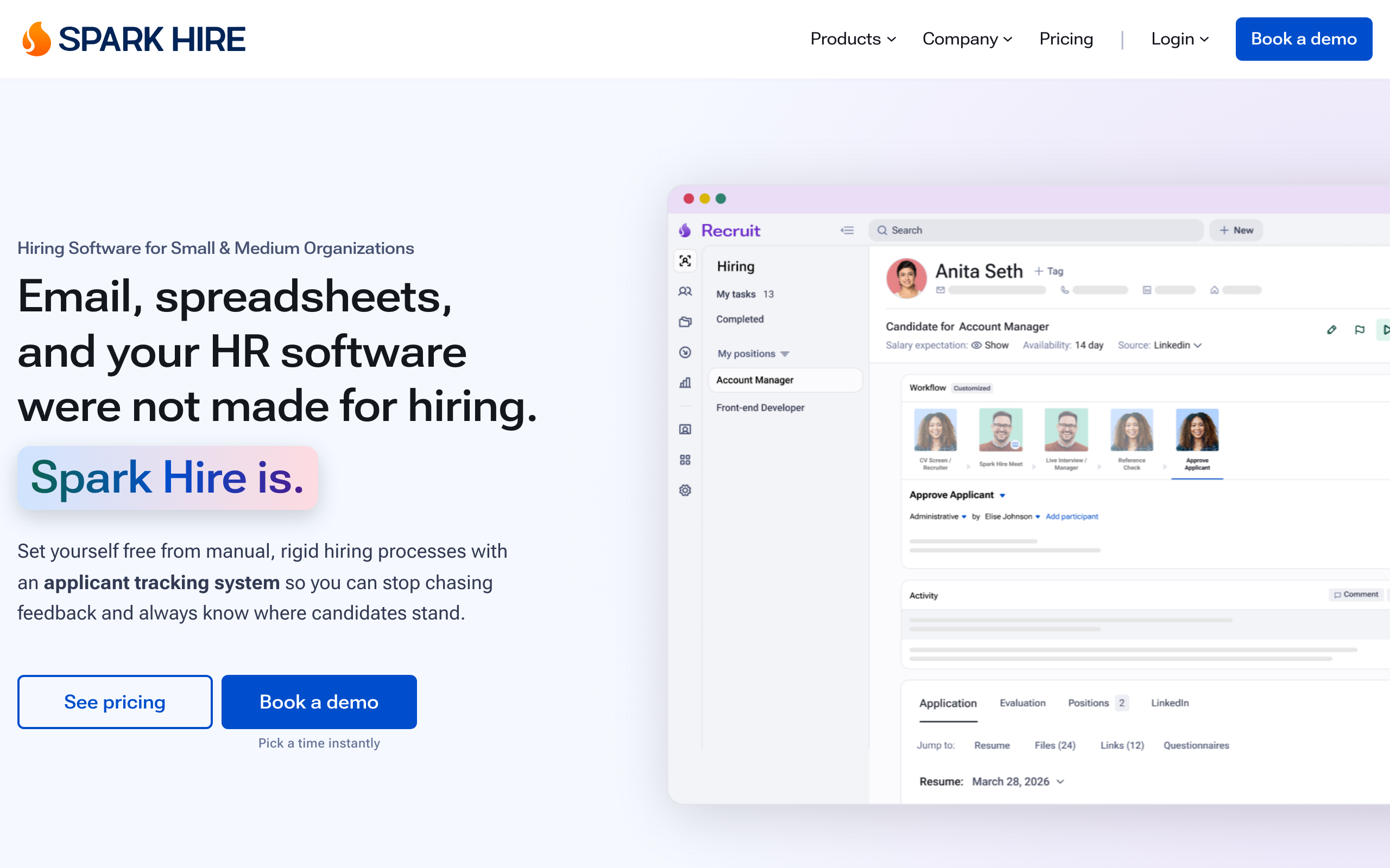 Spark Hire homepage with the headline email, spreadsheets, and your HR software were not made for hiring