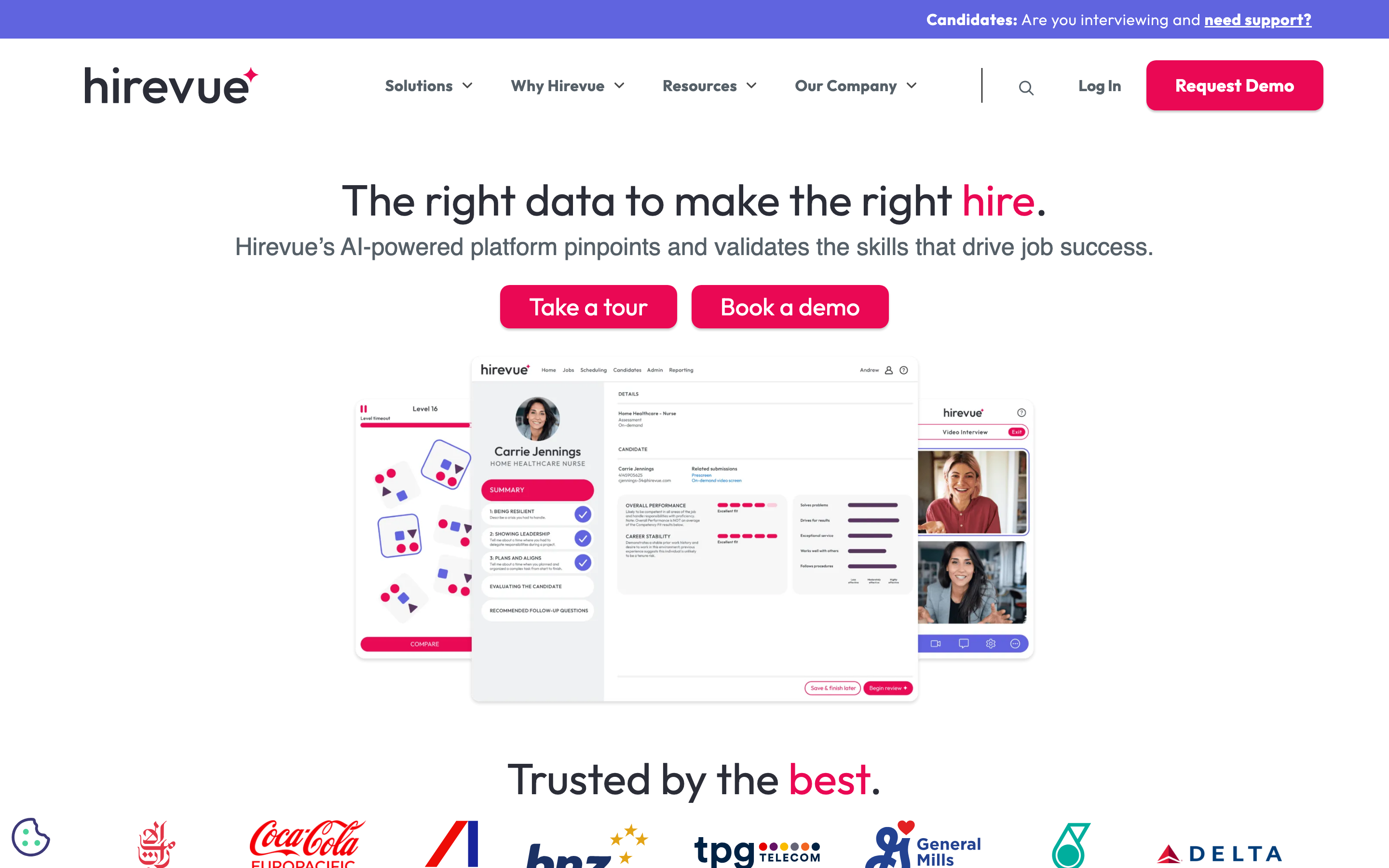 HireVue homepage in August 2026 with the headline "The right data to make the right hire", describing an AI powered platform that pinpoints and validates the skills that drive job success, with demo and product tour buttons
