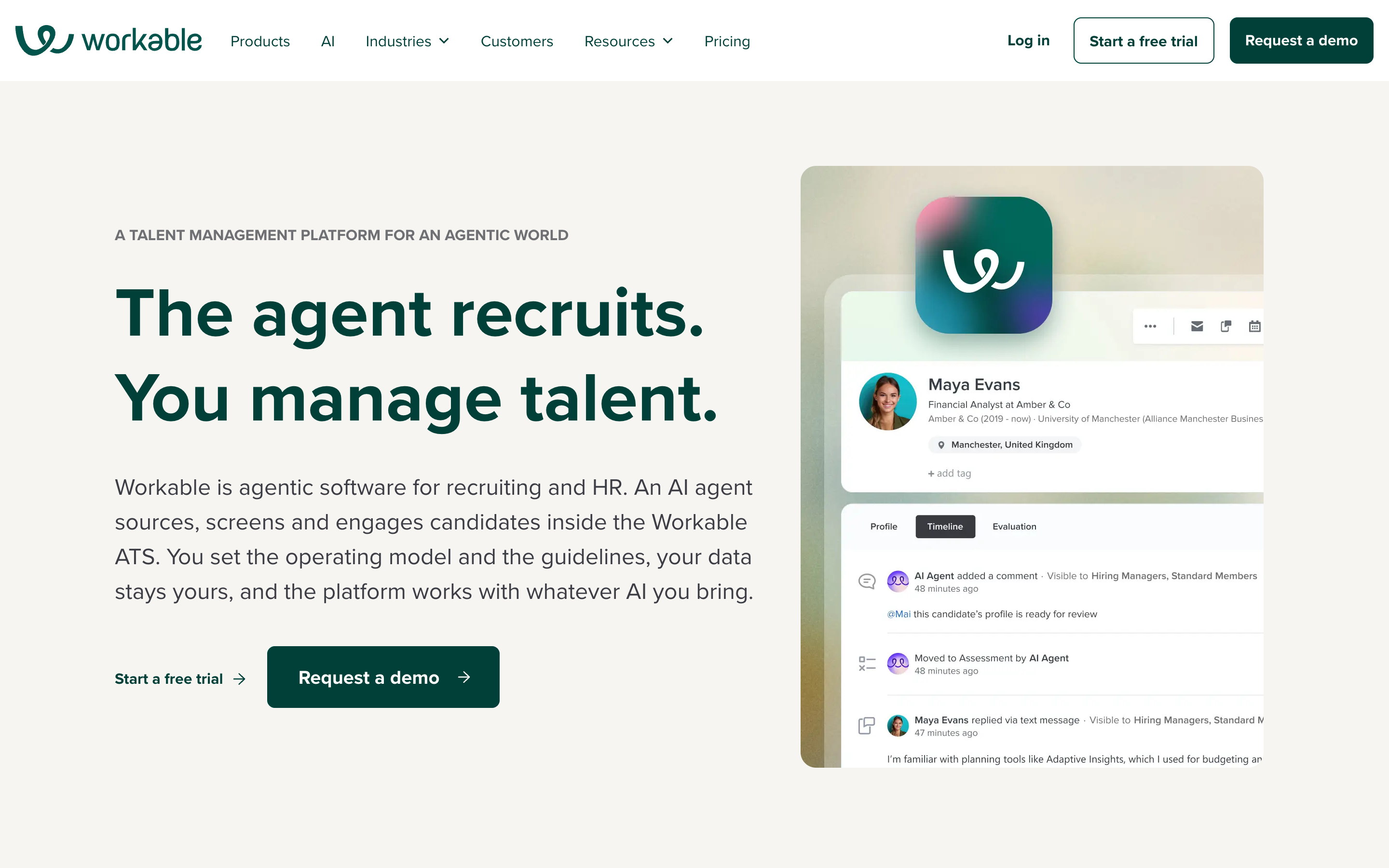 Workable homepage in August 2026 with the headline "The agent recruits. You manage talent", describing agentic recruiting software where an AI agent sources, screens and engages candidates inside the Workable ATS