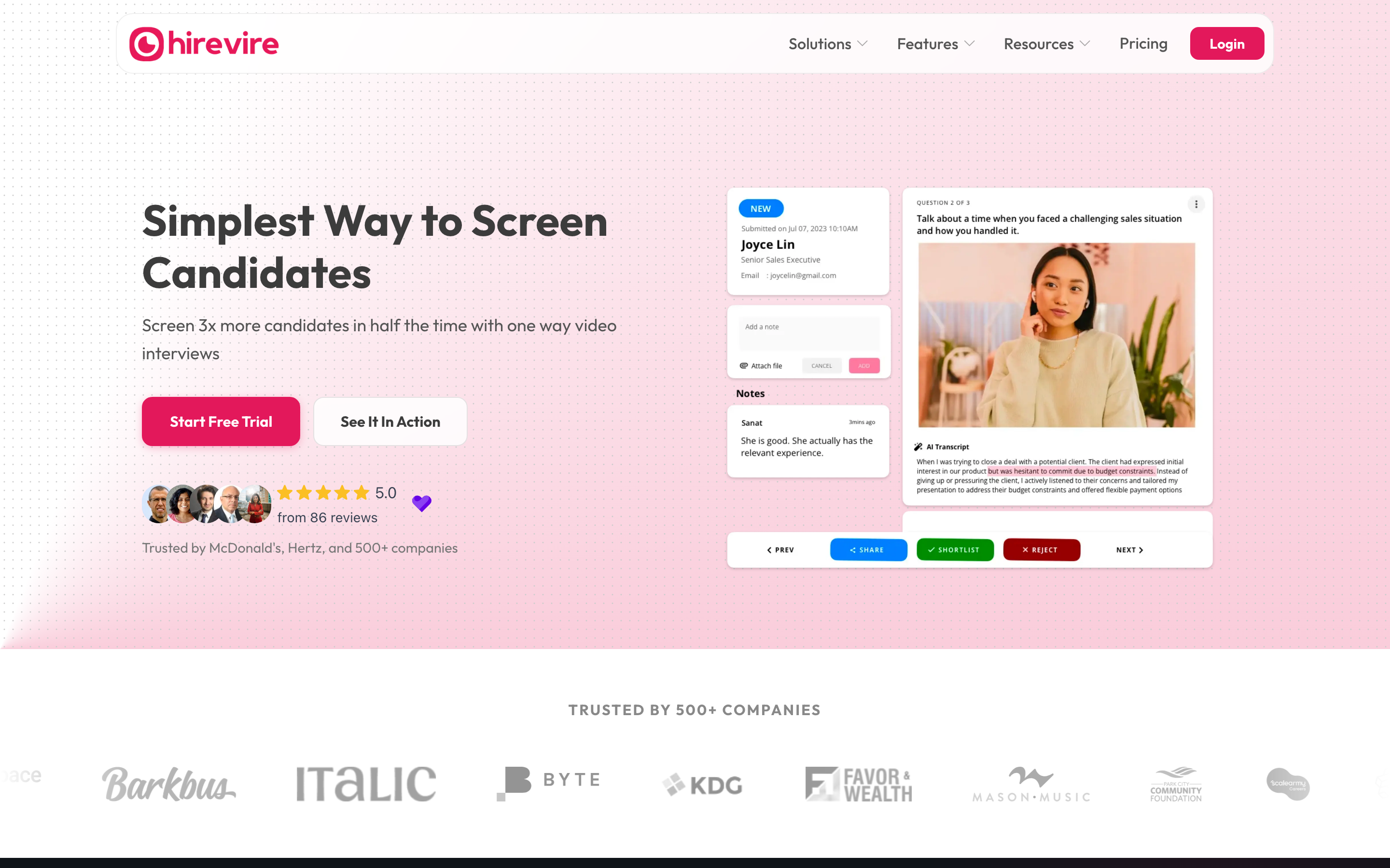 Hirevire homepage with the headline Simplest Way to Screen Candidates, showing a candidate's recorded video answer beside its AI transcript, reviewer notes, and share, shortlist, and reject controls.