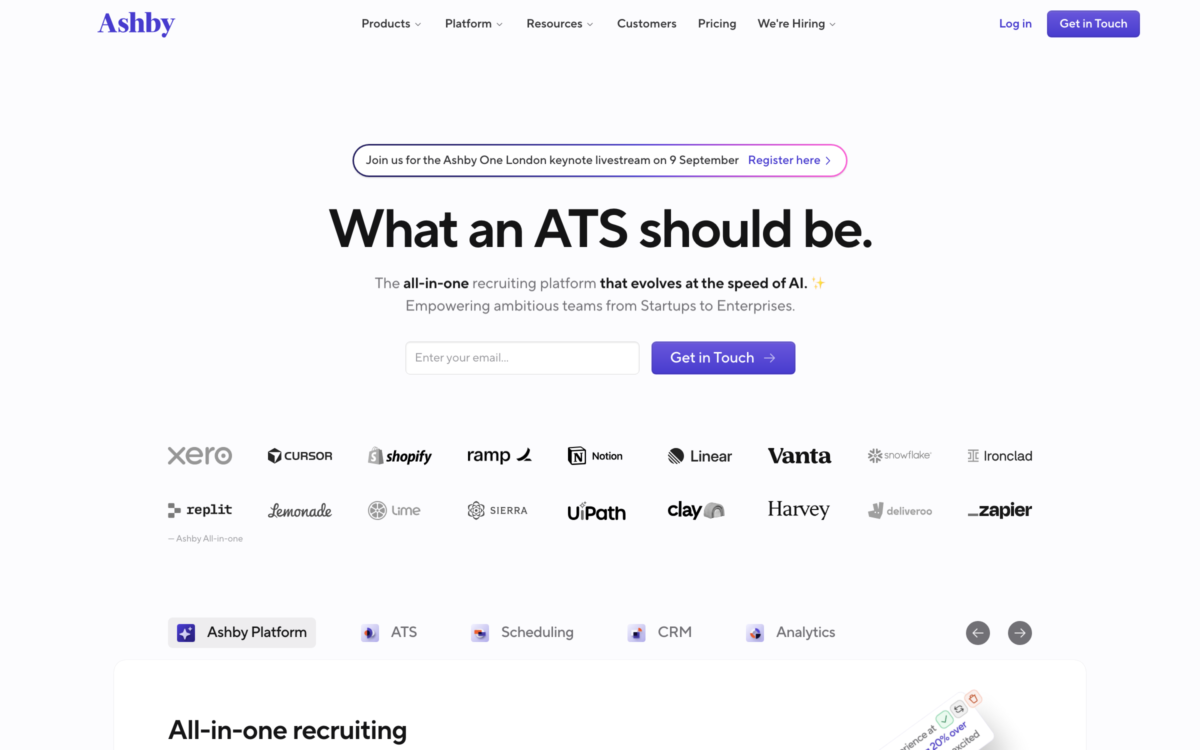 Ashby's homepage with the headline What an ATS should be, describing an all-in-one recruiting platform that evolves at the speed of AI, above customer logos including Cursor, Notion, Linear, Shopify, Replit, Vanta, and Zapier.