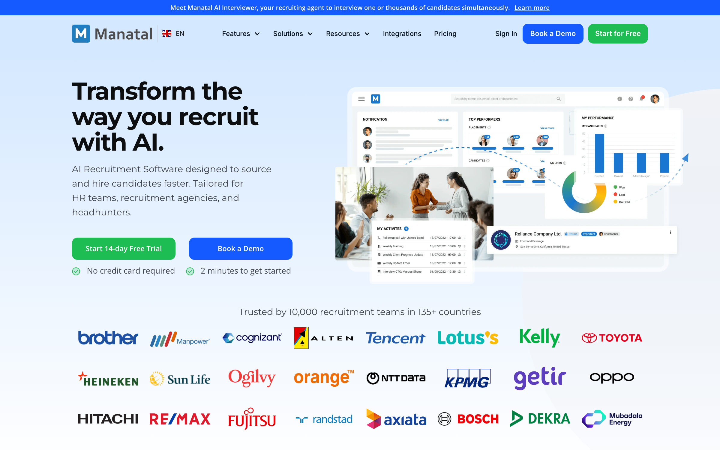 Manatal's homepage with the headline Transform the way you recruit with AI, a banner announcing the Manatal AI Interviewer, dashboard views of placements and activities, and customer logos including Toyota, KPMG, Bosch, and Randstad.