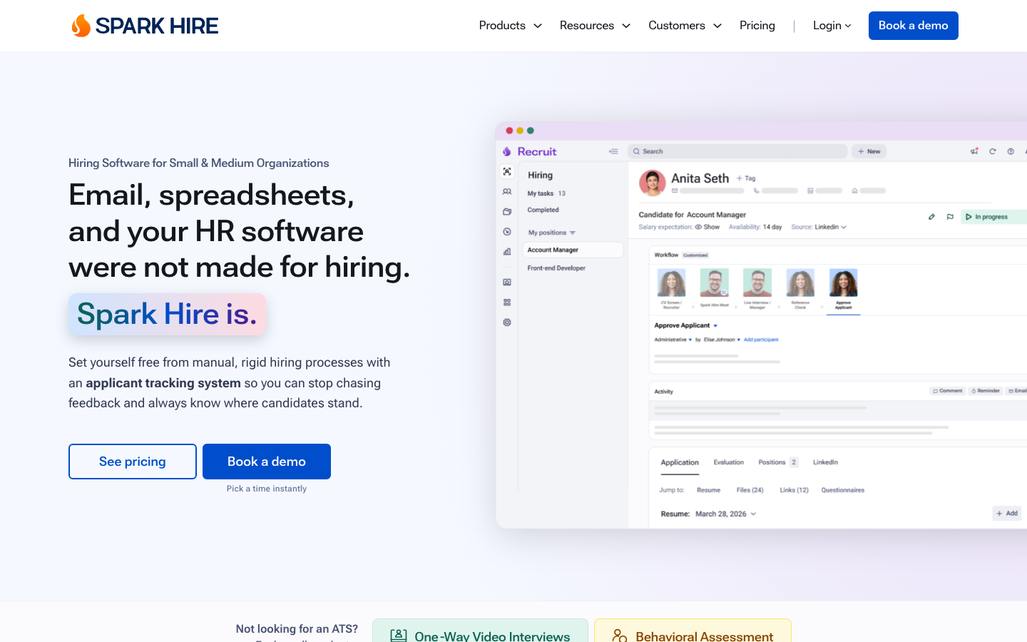 Spark Hire homepage, October 2026: hiring software for small and medium organizations